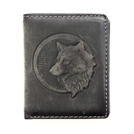 Genuine Leather Mini Wallet 3D Eagle or Wolf with RFID NFC Protection, Grey Wolf, Casual