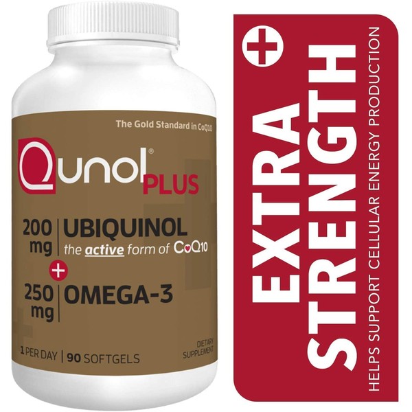 Qunol Plus Ubiquinol Coq10 200mg with Omega 3 250mg Extra Strength Antioxidant (Bovine Version), 90 Count