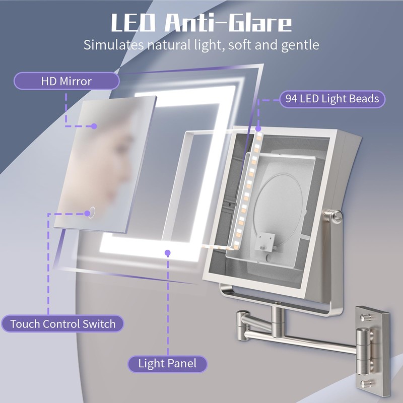 Wall Mounted Makeup Mirror with Lights 4000mAh Rechargeable Double Sided