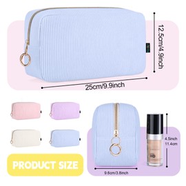 Playexen 9.9" Large Makeup Bag, Corduroy Cosmetics Bag for Purse with Ring Buckle, Small Travel Organizer Toiletry Pouch for Women (Beige)