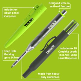 Tracer Pro Series Aluminium Deep Hole Construction Pencil with 6 x Replacement Lead Pack and accompanying Site Holsters. All-in-one Construction Marking Kit