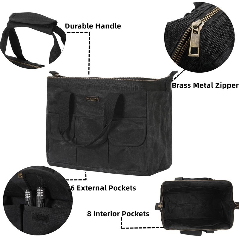 Heavy-Duty 16oz Waxed Canvas Tool Tote with Zipper, Multi-Purpose Organizer