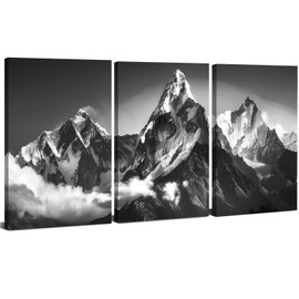 Black and White Mountain Wall Art Nature Landscape Wall Decor Snow Mountain Canvas Pictures Misty Mountain Photo Prints Realism Scenery Painting for Living Room Bedroom Home Decorations 12x16" 3 Pcs