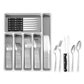 49Pcs Silverware Set with Organizer, Silver Stainless Steel Flatware Set for 8 Cutlery Utensil Sets with Steak Knives, Spoons and Forks Set, Dishwasher Safe