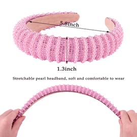 Tihebax Pink Pearl Headband for Women Girls Beaded Headband for Wedding Bride Headband Thick Jeweled Headband for Women with Rhinestones Padded Headband Hair Band for Women's Hair Accessories