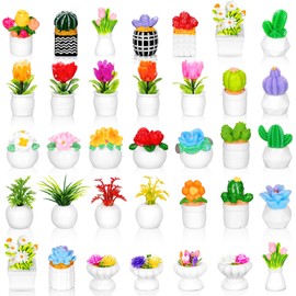 FYSUIMU 35Pcs Miniature Dollhouse Potted Plants Accessories Mini Artificial Plant Flower Cactus for DIY Dollhouse Decor Micro Landscape Garden Bonsai