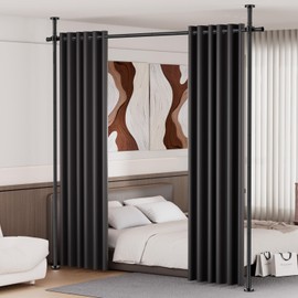 Room Divider for Room Separation (42-100in W), Curtain Rods No Drilling for Bedroom, Freestanding Room Divider Panel Tension Rod, Wall Divider Privacy Screen Partition for Space Separator, Drill Free