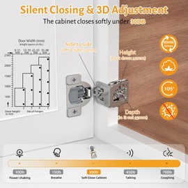 Chibery 10 Pack 1-1/2" Overlay 3D Soft Close Concealed Hinge for Face Frame Door, Smooth Slow Quite, Self Closing Hinges, 105° Open, Hidden Stainless Steel Hinge for Kitchen Cabinet Door, Satin Nickel
