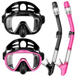 Snorkeling Gear for Adults, Zipoute Snorkel Dry Top Snorkel Set with Panoramic Anti-Leak and Anti-Fog Tempered Glass Lens,Adjustable Snorkeling Set for Scuba Diving Swimming Couple Snorkel Kit 2 Pack