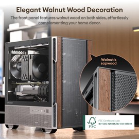 Okinos Genuine Walnut Wood Micro ATX Case, MATX PC Case with 4 × 120mm 3 Pin Non-PWM Case Fans Pre-Installed, Temper Glass Side Panel, with Type-C, Black, Cypress 3 Wood