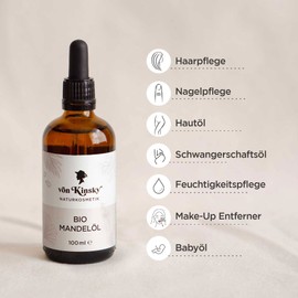 von Kinsky® Organic Almond Oil - 100 ml Pure and Cold Pressed as Skin Care, Hair Treatment, Massage Oil & Baby Oil - Natural Cosmetics Made in Germany