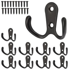 Wall Mounted Coat Hooks Heavy Duty Double Prong Wall Hooks Robe Hooks Utility Hooks with Screws for Wall Hanging Coats Hat Towel Scarf Bag Key Cap Cup (10 Pack, Black)