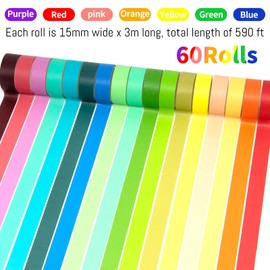 Jniseger 60 Rolls Washi Tape Set - 15 mm Rainbow Masking Tape, Decorative Tape for Bullet Journaling, Scrapbooking, DIY Arts & Crafts, Vision Board, Holiday Decoration