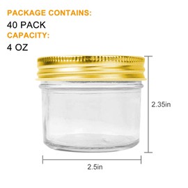 4 oz Clear Glass Jars With Lids And Bands(Golden),Encheng Small Spice Jars For Herb,Jelly,Jams,Wide Mouth Manson Jars Canning Jars For Kitchen Storage 40 Pack …