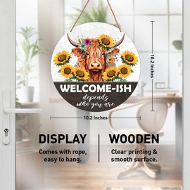 HSNBT Funny Summer Decor for Front Door, Highland Cow Sunflower Summer Welcome Sign Decor for Home Door Front Porch Farmhouse Wall Decorations Wooden Hanging Sign, Welcome Depend Who You Are