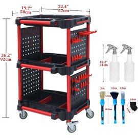 3-Tier Auto Detailing Tool Cart with 4 Hanging Boards & Wheels | Portable Garage, DIY, Home Studio & Workshop Organizer for Car Detailing Tools & Storage