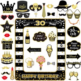 Pack of 34 Photo Box Accessories, 30th Birthday Decoration, Party Accessories, Table Decoration Birthday and 1 Inflatable Photo Frame for 30th Birthday Girls and Boys, Variety Party Decoration