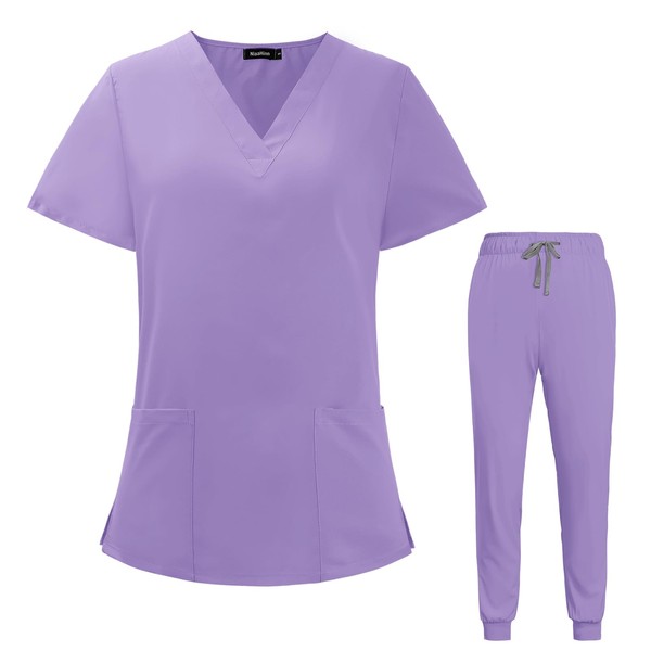VIAOLI Scrubs for Women Set V-Neck Pocket Top & Drawstring