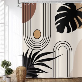 ASDCXZ Boho Shower Curtain 180 x 200 cm, Modern Abstract Art Boho Style Black Leaves Sun Line Beige Brown Washable Shower Curtains Textile Waterproof Shower Curtain for Bath with 12 Hooks