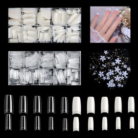 Nails Kit Acrylic Set 1000Pcs Press on nNail Fake French Curved Nail with with 3D White Flower Nail Art Charm Decoration (Clear+Natural)