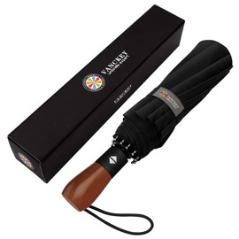 MIKAFEN Umbrella Windproof With Wood Handle - Travel and Automatic, Umbrella Compact for Men and Woman - with 10 Ribs Fiberglass and Compact Rain Protect（Black）
