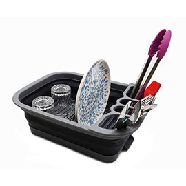 SAMMART Collapsible Dish Drainer with Drainer Board - Foldable Drying Rack Set - Portable Dinnerware Organizer - Space Saving Kitchen Storage Tray (1, Grey/Black)