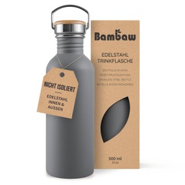 Bambaw Metal Water Bottle, 500 ml, Non-Insulated Water Bottle, Grey, Children's Stainless Steel, Bottle Dishwasher Safe - Anthracite