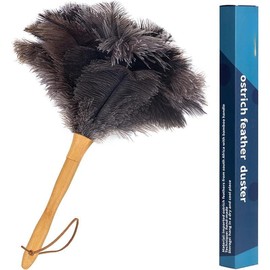 Ostrich Feather Duster, 16 inch Ostrich Feather Duster with Wood Handle Reusable, Fluffy Natural Handheld Feather Duster for Cleaning Supplies, Home, Car, Office - Color: Gray Brown Classic