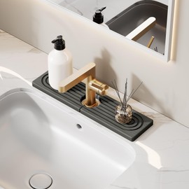 16 Inch Stone Faucet Mat for Kitchen Sink Splash Guard - Diatomite Quick Dry Stone Mat Kitchen Sink Protectors, Water-Absorbent Faucet Handle Drip Catcher Tray with Drainage (Dark Gray, 15.7" x 3.9")