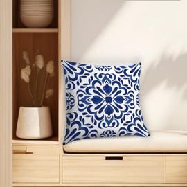 QLMX Chinoiserie Floral Decor Silk Pillow Cases Covers 18x18, Blue and White Porcelain Silk Satin Pillowcase for Hair and Skin, Blue Flower Prints Decorative Pillow Covers for Bed Couch