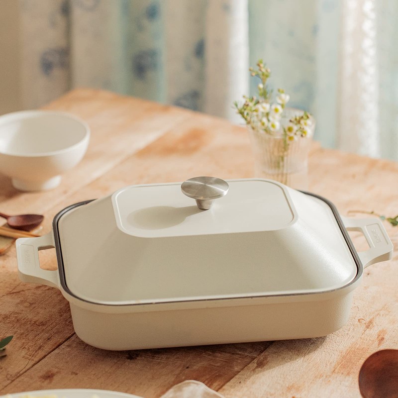 Dr.HOWS Ceramic Non-Stick Coating Square Grill Pan with Lid (Cream)