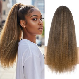 UAmy hair Long Yaki Straight Ponytail Extension for Women 20 Inch Ombre Golden Wrap Around Magic Paste Synthetic Clip in Ponytail Thick Kinky Straight Hair Pony Tail for Daily Use (T27)