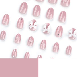 24 Pcs Almond Press on Nails Short Medium Fake Nails with 3D Bow Designs Solid Color False Nails Acrylic Full Cover Glue on Nails Natural Reusable Stick on Nails for Women Girls Cute Nail Decorations