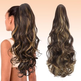 Webshaiy Long Ponytail Extension Claw Clip in Ponytail Hair Extensions Fluffy Loose Wave Synthetic Heat-Resistant Fibers Hair Pieces for Women Daily Use 22 Inch Brown & Auburn Blonde Highlight