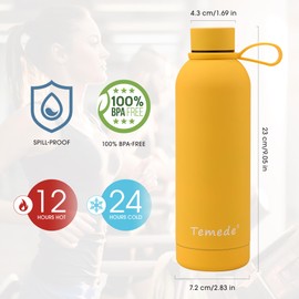 Temede Insulated Water Bottle 350ml, Double Walled Vacuum Stainless Steel Water Bottle for 12 Hours Hot & 24 Hours Cold Drinks, BPA Free, Leakproof Metal Flask Great for Men, Women & Kids,Small,Yellow