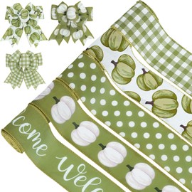 Whaline Fall Green Pumpkin Wired Edge Ribbon 30 Yards Farmhouse Rustic Autumn Thanksgiving Harvest Fabric Ribbon Welcome Plaids Polka Dots Craft Ribbon for Wreath Floral Bow DIY Crafts, 5 Roll