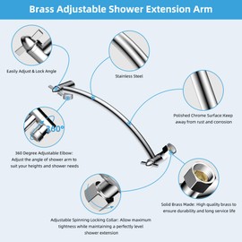 Hibbent All Metal 10'' Shower Head Extension Arm Solid Brass Flexible Height & Angle Adjustable Shower Arm Extender with Lock Joint, Universal Connection Stainless Steel Pipe Height Extending, Chrome