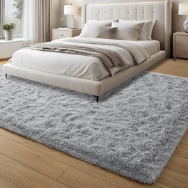 Foxmas Soft Area Rug for Living Room 8x10 Feet, Washable Large Fluffy Bedroom Rugs Thick Shaggy Carpet with Non-Slip Bottom for Kids Girls Dorm Room Modern Indoor Home Decor, Grey
