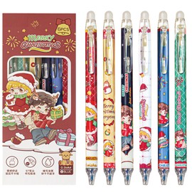 MOZXIRZ 6 Pcs Cute Christmas Erasable Pens Retractable Erasable Gel Ink Pen Cartoon Xmad Pens 0.5mm Blue Ink Pen Writing Pen Office School Pens Women Girls Boys (Blue Ink-Christmas)