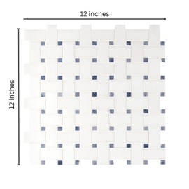 Tenedos Thassos White Marble Basketweave Mosaic Tile with Light Blue Dot – Polished Natural Stone for Wall, Backsplash, Bathroom, Shower (1 Sheet)