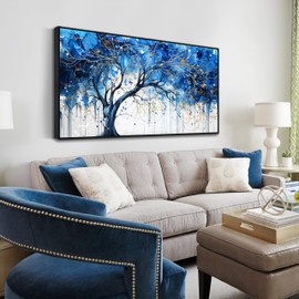 Blue Tree Wall Art Bedroom - Modern Canvas Art Wall Decor for Living Room - Framed Wall Art Size 24" x 48"