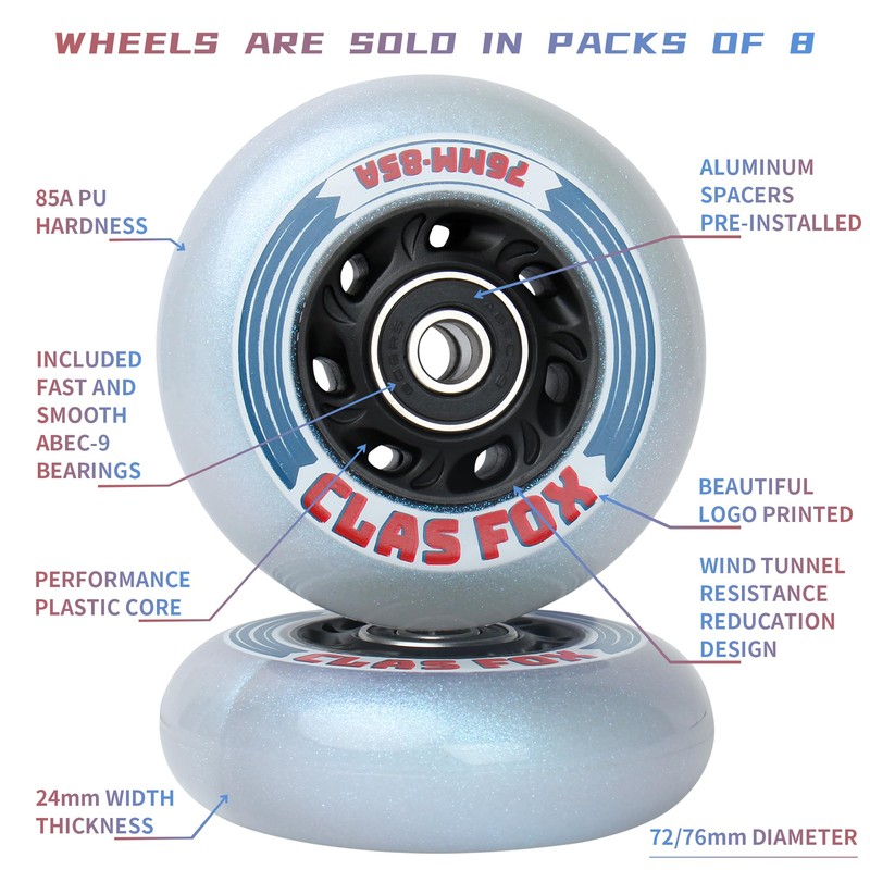 CLAS FOX Inline Skate Replacement Wheels With Wheels Bag 72mm/76mm