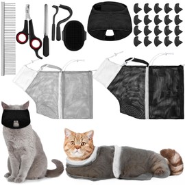 Kritkin 10 Pcs Cat Bathing Bag Set Pet Mesh Shower Bag Anti Bite and Scratch Pet Grooming for Washing Brush, Cat Muzzle, Nail Clipper, Nail File, Tick Tool(Gray and Black)