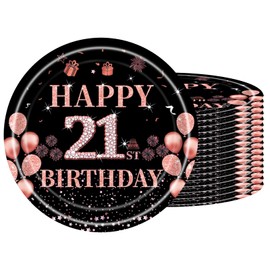 16Pack Paper Plates 21st Birthday,Black Rose and Gold Paperplates 7 inch,Disposable Party Plates Small Paper Plates Plain Paper Plates for Girls,Kids,Her 21st Birthday Party Supplies Table Decorations