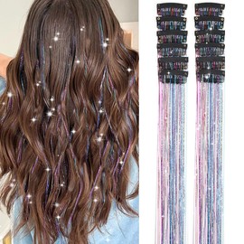 Hair Tinsel Pack of 12 Pcs Clip in Hair Tinsel Colorful Glitter Tinsel Hair Extensions Tinsel Fairy Hair Party Dazzle Hair Accessories Strands Kit for Women(24 Inch,Colorful#)