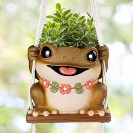 GUGUGO Swing Frog Hanging Planters for Indoor Plants, Cute Small Plant Pots with Drainage Hole, Unique Decorative Succulent Planters for Home Decor, Funky Funny Wall Decor Gardening Gift, Brown