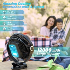 BIVBTP 12000mAh Clip on Fan 30H Longest Runtime, 8in Portable Fan Rechargeable, Ultra Quiet with Heavy-Duty Clamp, USB Desk Fans for Golf Cart,Office Desk, Treadmill, Camping, Bedroom