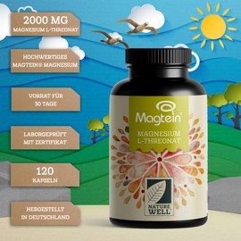 Magnesium Threonate Capsules 120x - Optimal High Dose: 2000 mg Magtein® Magnesium L-Threonate per Day - Ideal for Magnesium Supply of the Brain - Laboratory Tested with Certificate - 30 Day Supply
