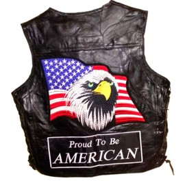 Roger Enterprises Leather Vest Bald Eagle Patch Proud to be an American USA Patch Side Laces Biker Design