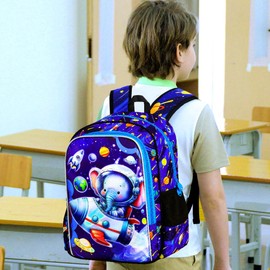 KLFVB 3PCS Boys Elephant Backpack, Water Resistant Kids Space Bookbag with Lunch Box, 16" Preschool Backpacks for Elementary - Rocket Elephant